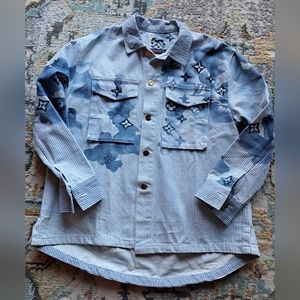 21SS Louis Vuitton Stripe Monogram Workwear Denim Shirt Jacket Size Large L